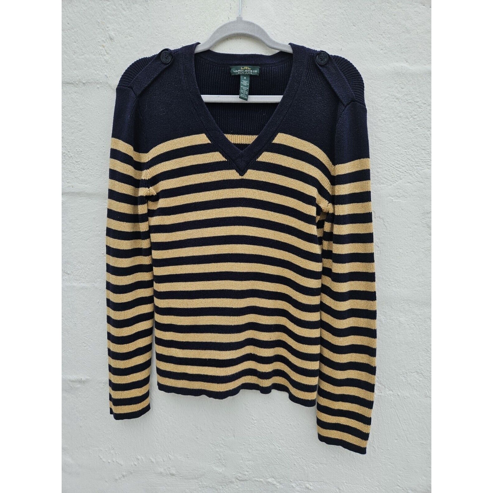 Ralph Lauren Sweater Womens Medium Navy Gold Striped Nautical Preppy Old Money